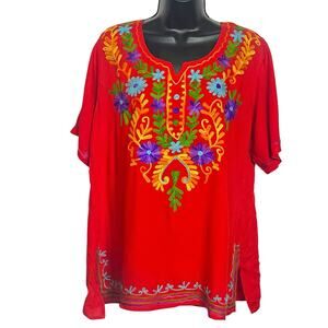 SHUBHAM BOHO WESTERN RED EMBROIDERED BLOUSE TOP MEXICAN FLORAL VGUC SIZE L